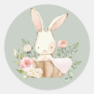 Sticker Rond Lapin de Pâques aquarelle vert sauge