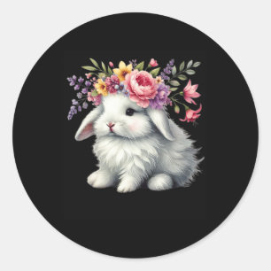 Sticker Rond Lapin de Pâques avec couronne de fleurs florales F