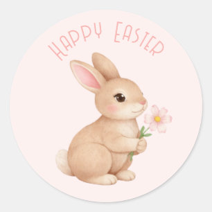 Sticker Rond Lapin de Pâques avec Fleur Rose Joyeuses Pâques