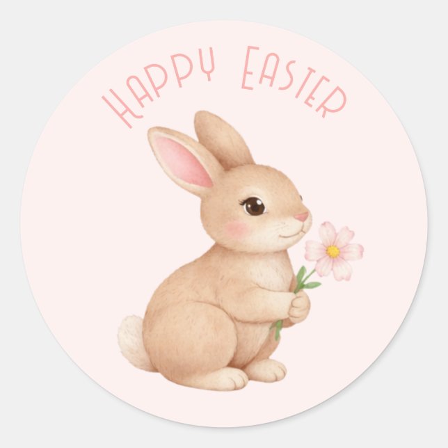 Sticker Rond Lapin de Pâques avec Fleur Rose Joyeuses Pâques (Devant)