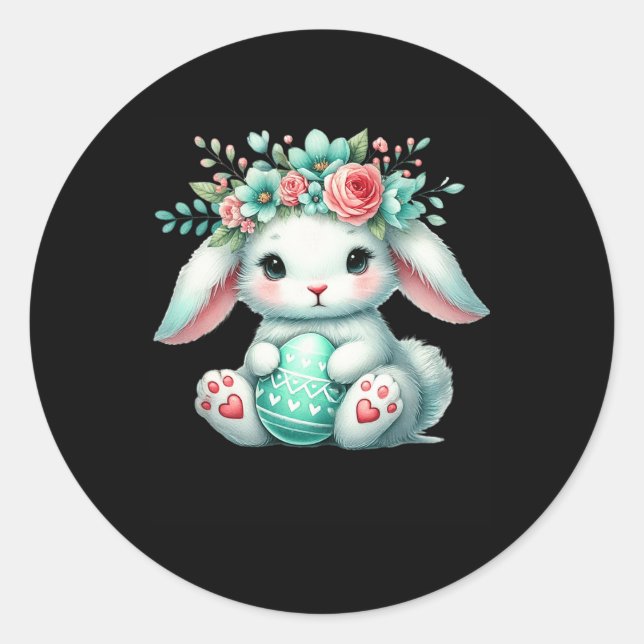 Sticker Rond Lapin De Pâques Avec Fleurs Filles De La Couronne  (Devant)