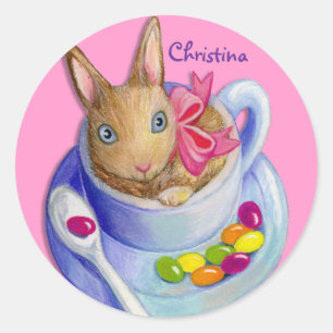 Sticker Rond Lapin de Pâques dans le nom personnalisable de