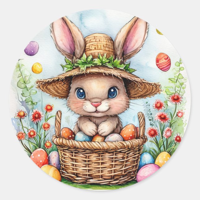 Sticker Rond Lapin de Pâques dans un panier d'oeufs peints Joye (Devant)