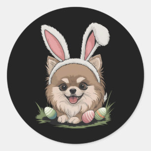 Sticker Rond Lapin de Pâques de Chien Poméranie