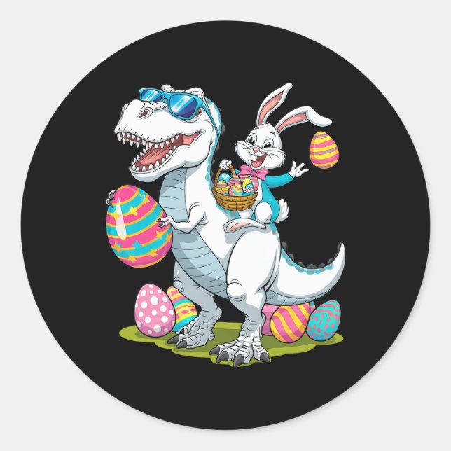 Sticker Rond Lapin De Pâques En Train De Monter Un Dinosaure T- (Devant)