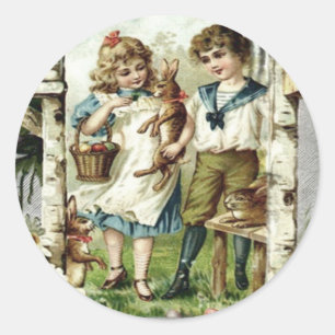 Sticker Rond Lapin de Pâques enfants victoriens Poussin Œuf Nic