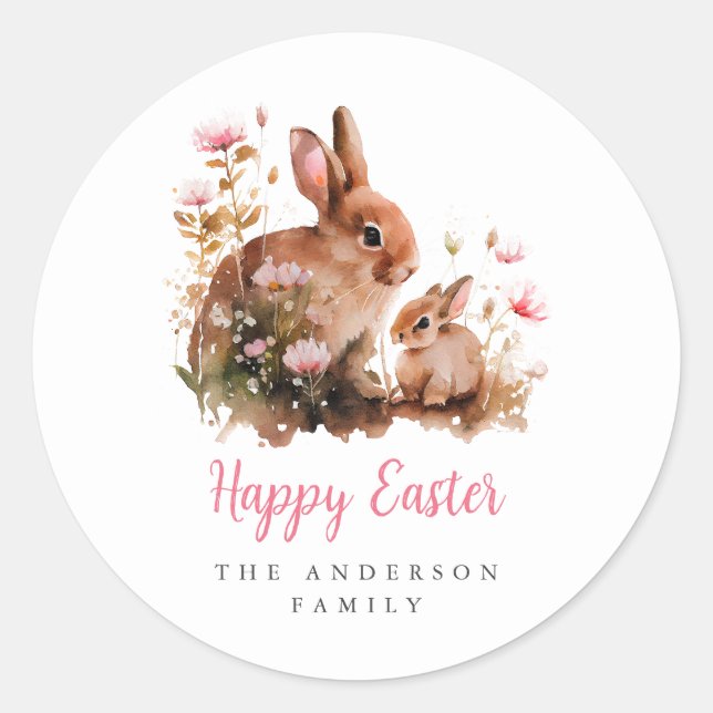 Sticker Rond Lapin de Pâques floral aquarelle (Devant)