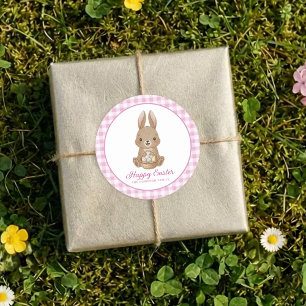 Sticker Rond Lapin de Pâques Gingham Rose Aquarelle