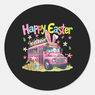Sticker Rond Lapin de Pâques Heureux Conduisant un Bus Scolaire