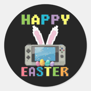 Sticker Rond Lapin de Pâques joueur avec manette de jeu vidéo