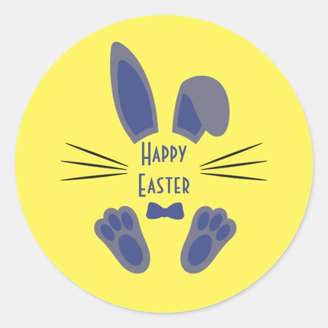 Sticker Rond Lapin de Pâques Joyeuses Pâques Bleu et Jaune (Devant)