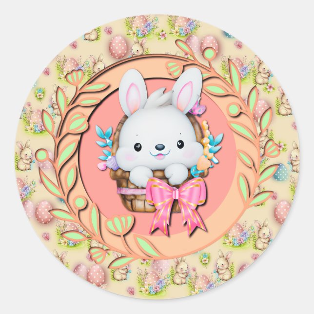 Sticker Rond Lapin de Pâques mignon assis dans le panier (Devant)