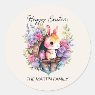 Sticker Rond Lapin de Pâques Mignon Nom de Famille Joyeuses Pâq