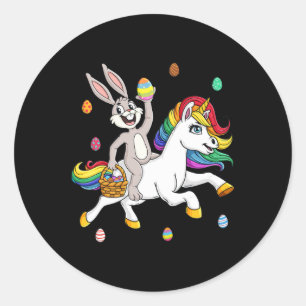 Sticker Rond Lapin De Pâques Monter Une Unicorne Mignonne Fille