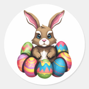 Sticker Rond Lapin de Pâques OEufs colorés Chasse aux oeufs de