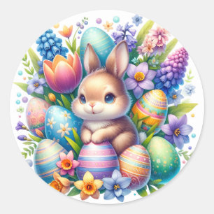 Sticker Rond Lapin de Pâques Œufs Colorés Feuille de