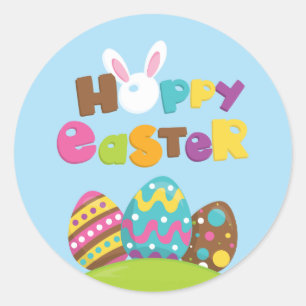 Sticker Rond Lapin de Pâques Œufs Heureux
