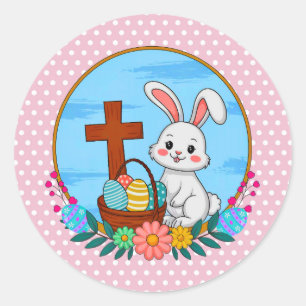 Sticker Rond Lapin de Pâques religieux avec croix et œuf floral