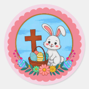 Sticker Rond Lapin de Pâques religieux avec croix et œuf floral