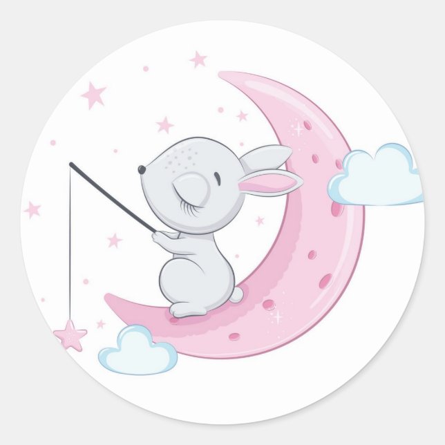 Sticker Rond Lapin de Pâques rose au-dessus de la lune (Devant)