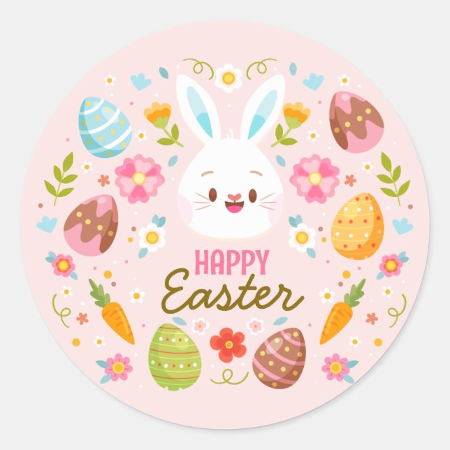 Sticker Rond Lapin de Pâques rose Joyeuses PâquesFloral   (Devant)