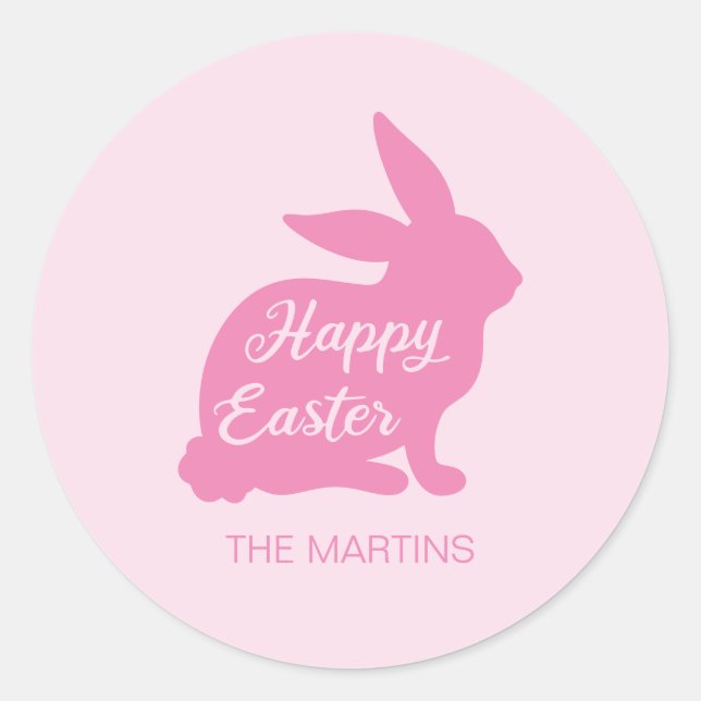 Sticker Rond Lapin de Pâques Rose Silhouette Nom Joyeux (Devant)