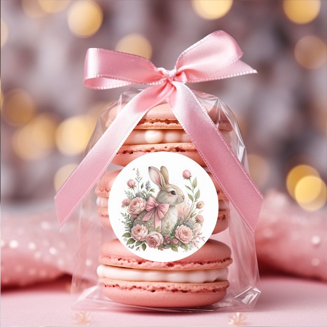Sticker Rond Lapin de Pâques Ruban Rose Fleurs (Easter bunny with pink bow sticker)