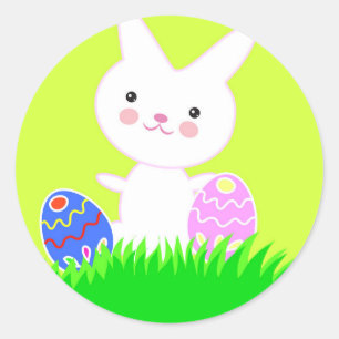 Sticker Rond Lapin de Pâques sur un arrière - plan jaune et oeu