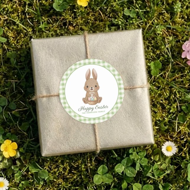 Sticker Rond Lapin de Pâques Vert Aquarelle Vichy (Créateur téléchargé)