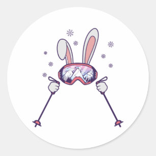 Sticker Rond Lapin de ski avec bâtons de ski et lunettes de ski