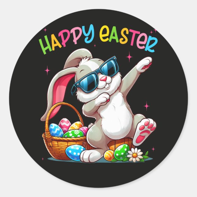 Sticker Rond Lapin drôle de dabbing de Pâques Joyeuses Pâques (Devant)