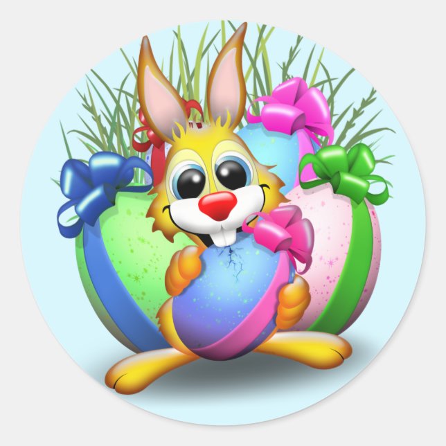 Sticker Rond Lapin drôle mordant un œuf de Pâques (Devant)