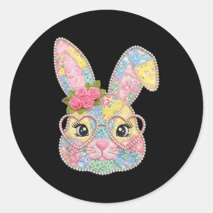 Sticker Rond Lapin drôle visage lunettes patchwork floral lapin