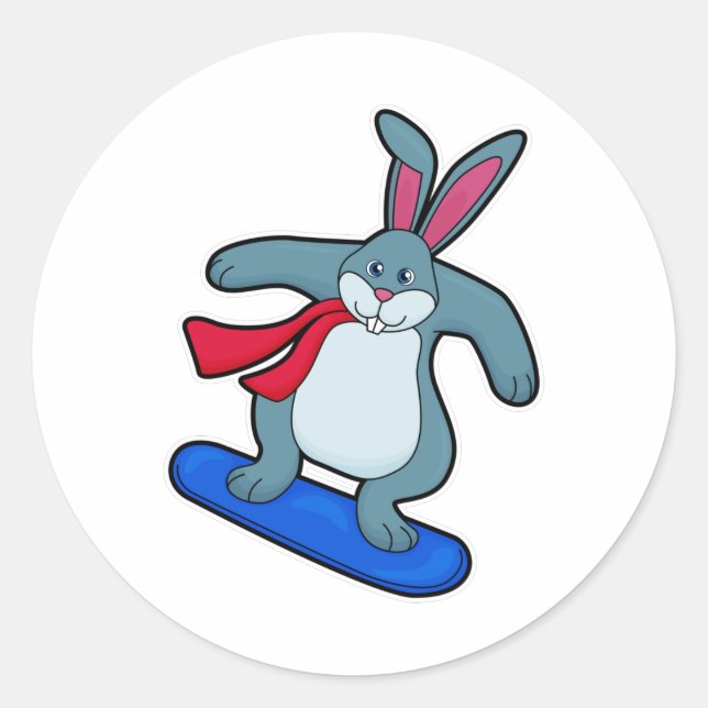 Sticker Rond Lapin en Snowboard avec Snowboard & Scarf (Devant)