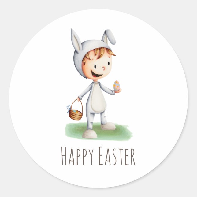 Sticker Rond Lapin Enfant Mignon Fête de Pâques Joyeuse (Devant)
