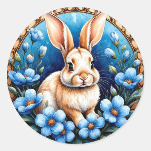 Sticker Rond Lapin entouré de fleurs bleues
