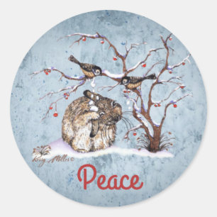 Sticker Rond Lapin et Oiseaux de Neige