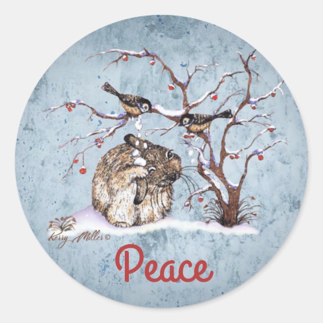 Sticker Rond Lapin et Oiseaux de Neige (Devant)