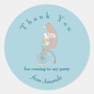 Sticker Rond Lapin et ours en Whimsical équitation d'un Merci à