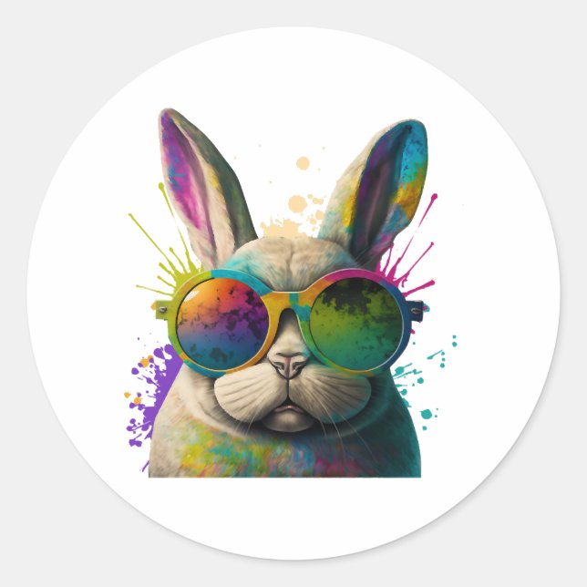 Sticker Rond Lapin face Cool de Pâques lapin avec lunettes (Devant)