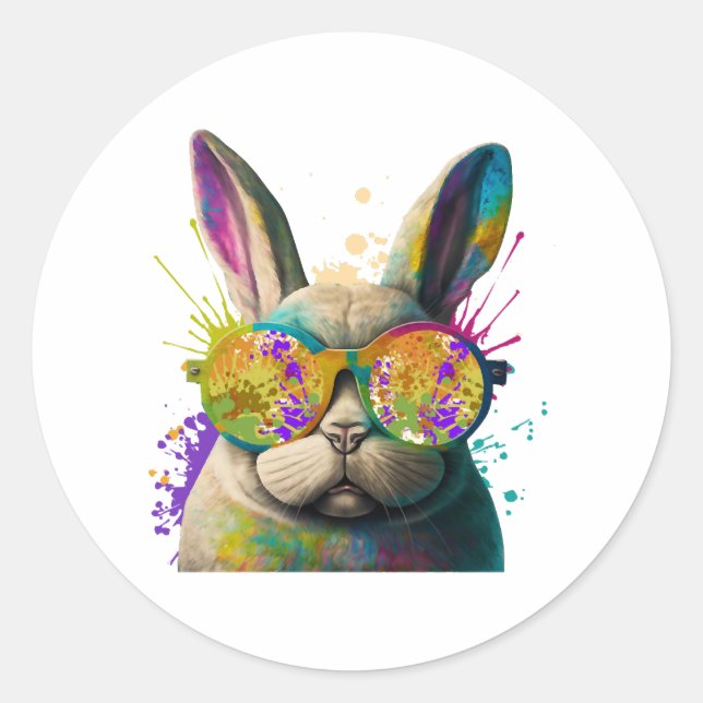 Sticker Rond Lapin face Cool de Pâques lapin avec lunettes (Devant)