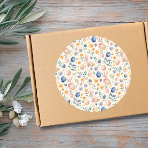 Sticker Rond Lapin Fleurs Œufs Pastel Aquarelle Intemporel