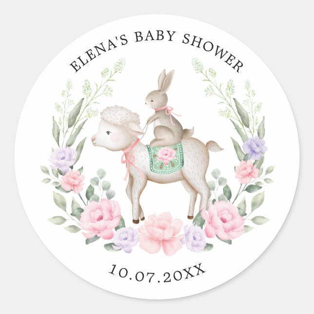 Sticker Rond Lapin Floral Printemps Lapin et agneau Fille de Pâ (Devant)