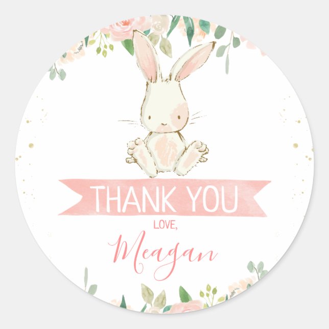Sticker Rond Lapin Floral Rose 1er anniversaire (Devant)