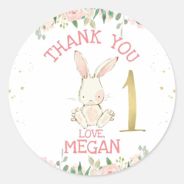 Sticker Rond Lapin Floral Rose 1er anniversaire (Devant)