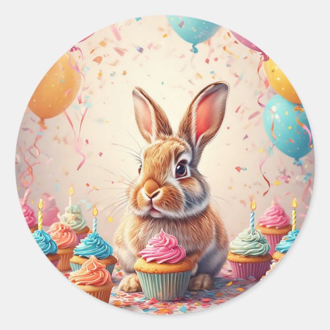 Sticker Rond Lapin joyeux avec Cupcakes 🎉 Célèbration mignonne (Devant)