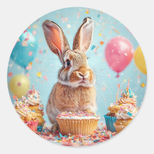 Sticker Rond Lapin joyeux célébrant avec des cupcakes