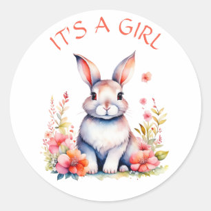 Sticker Rond Lapin lapin en fleurs C'est un Baby shower de fill