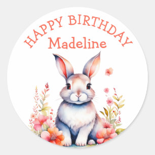 Sticker Rond Lapin lapin en fleurs Joyeux anniversaire Personna