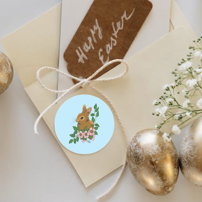 Sticker Rond Lapin Lapin Fleurs Roses (Créateur téléchargé)